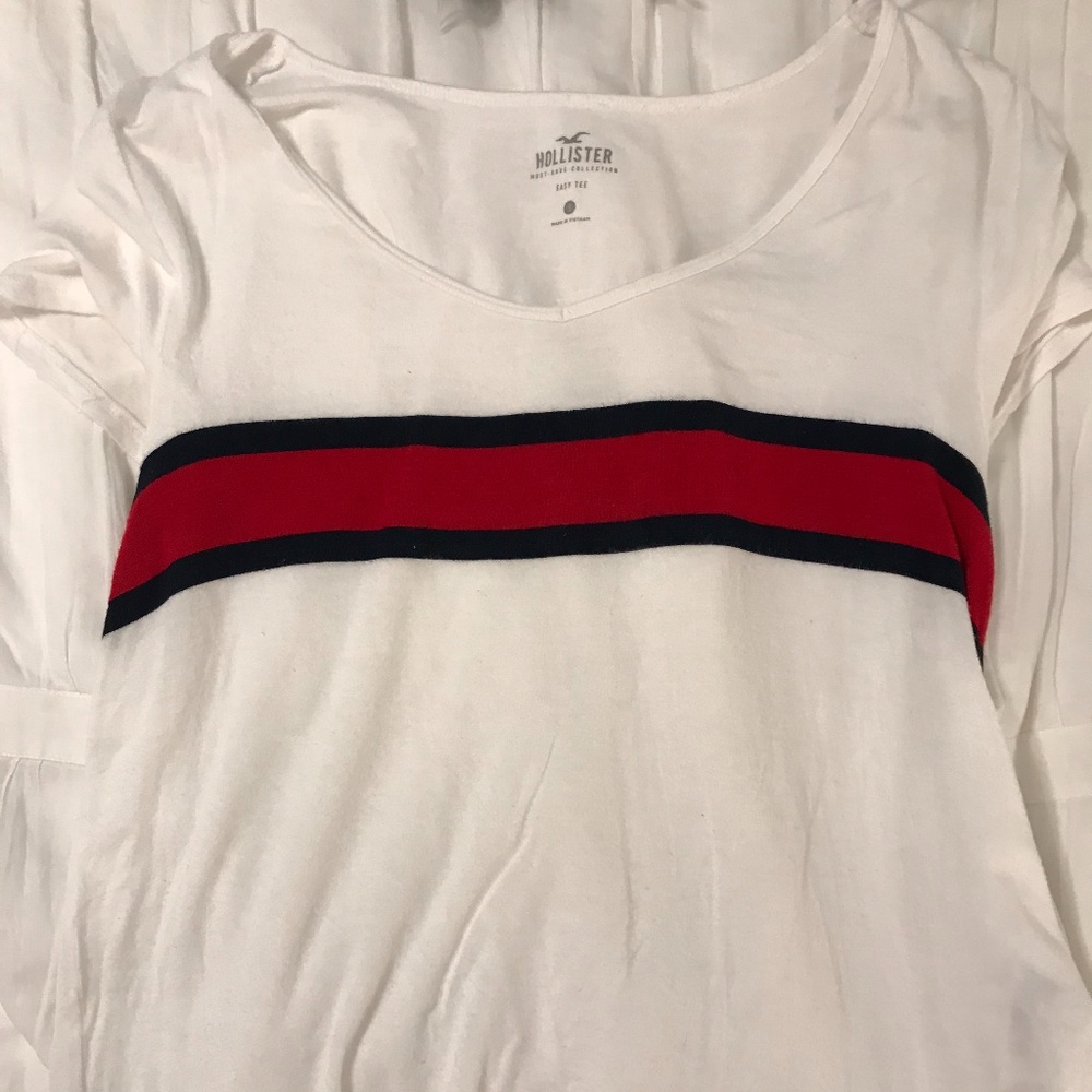 White Tee with red and dark blue stripes